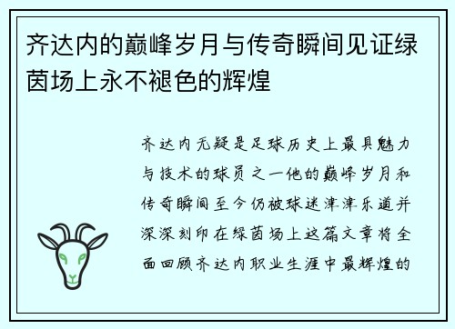 齐达内的巅峰岁月与传奇瞬间见证绿茵场上永不褪色的辉煌