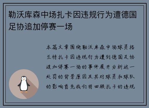 勒沃库森中场扎卡因违规行为遭德国足协追加停赛一场